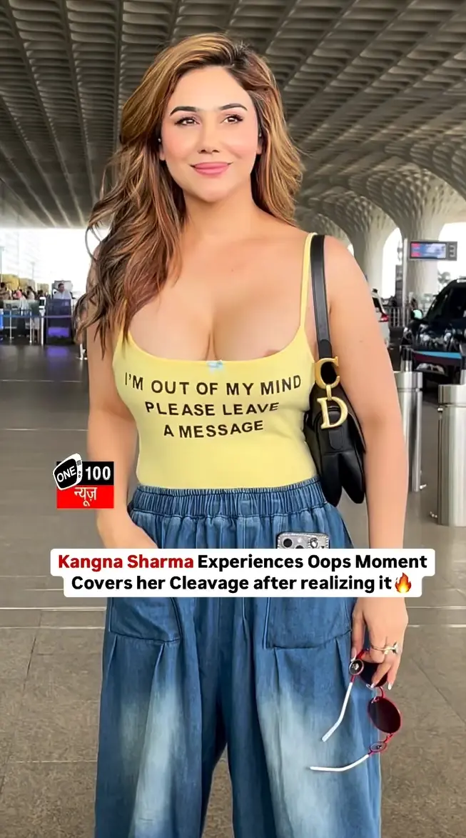 Featured image for Kangana Sharma Covers Her Cleavage After Nipple Areola Slip During Airport Photo Op